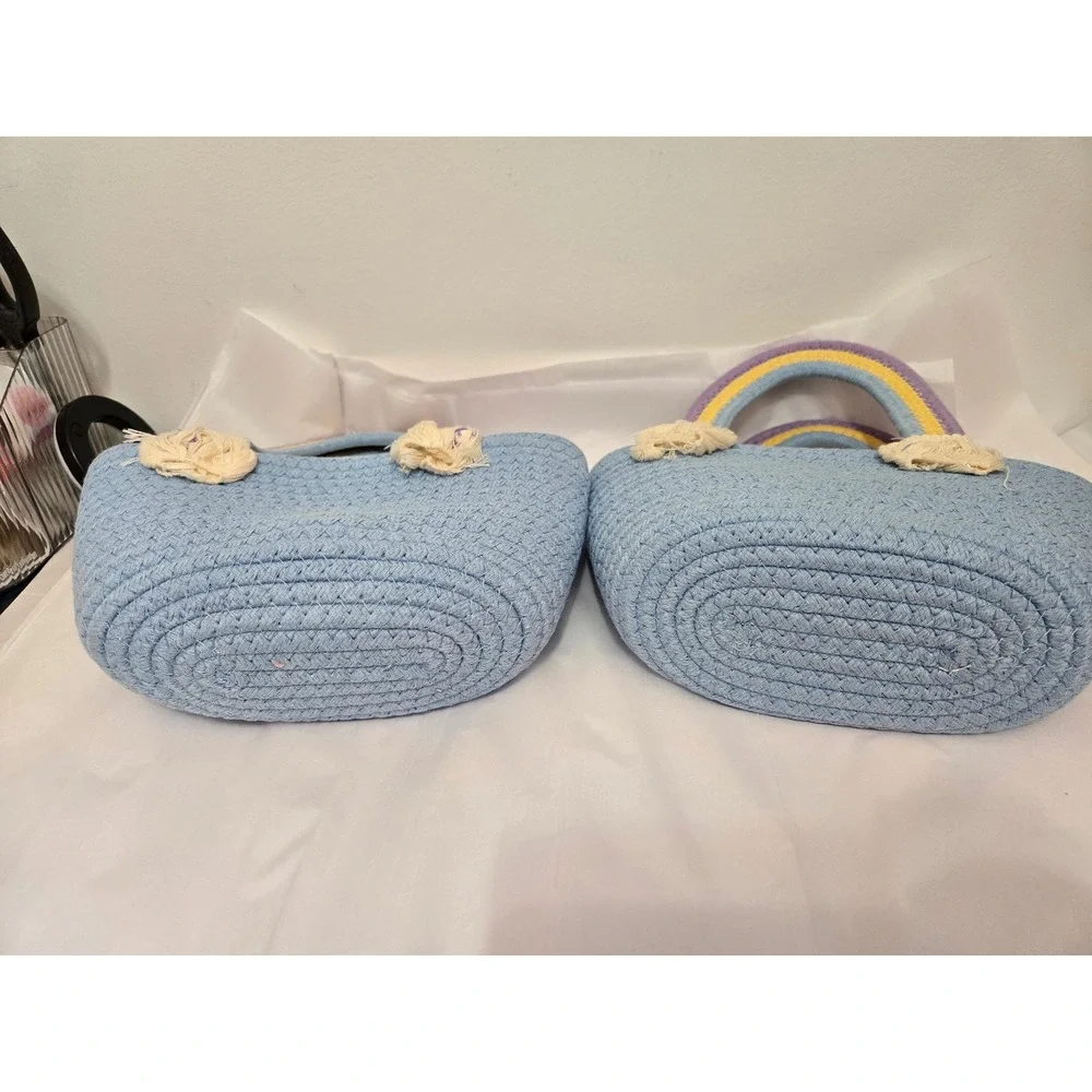 Kids Blue Rope Tote Bag Rainbow Handle Straw‎ Beach Purse Set of 2